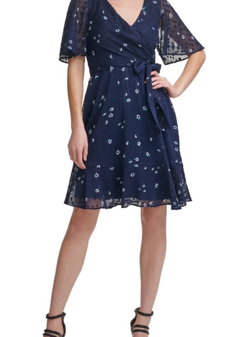 DKNY Navy Floral Wrap Midi Dress with Belt